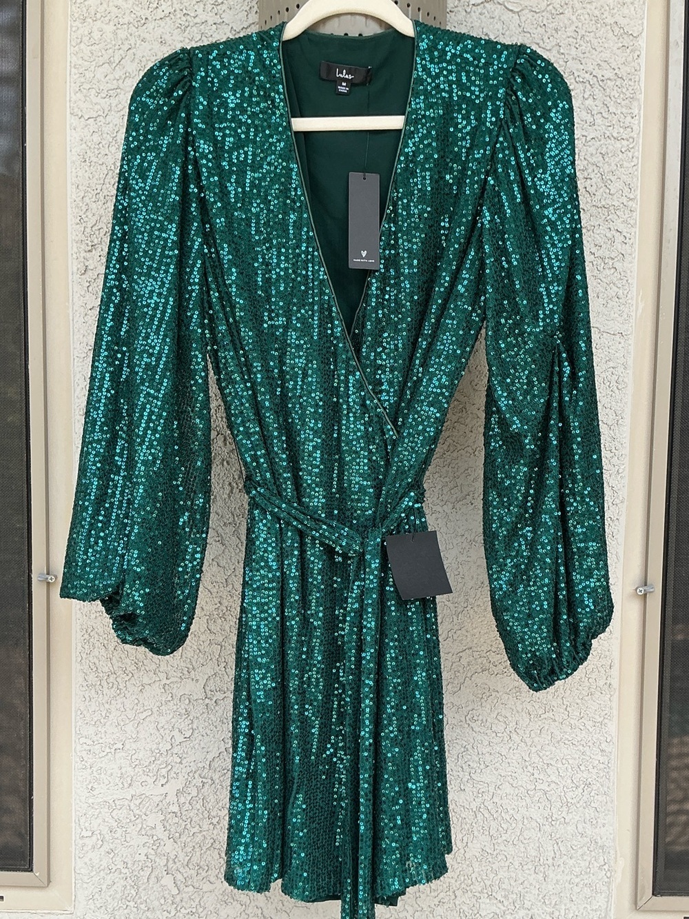 NWT Lulu’s Sparkly Darling Emerald Green Sequin Long Sleeve Wrap Mini Dress Chic - Picture 3 of 12